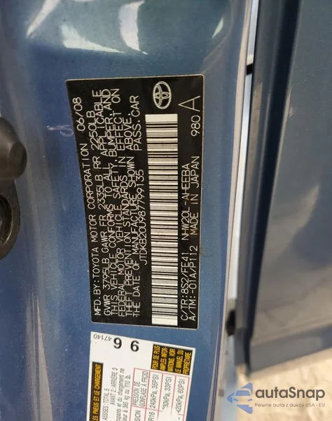 2008 Toyota Prius z USA, uszkodzony, nr VIN JTDKB20U987799135